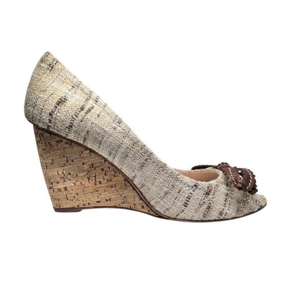 $995 PRADA TWEED BEIGE BROWN CORK WEDGE PEEP TOE SHOES WITH LEATHER BOW 39 - Picture 3 of 9